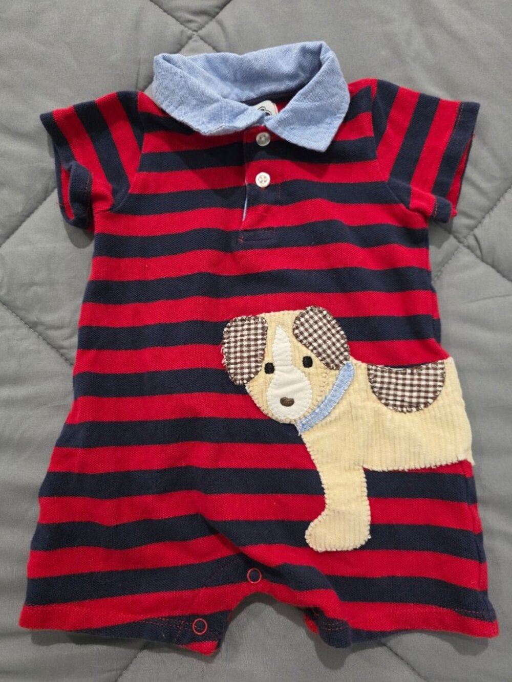 Mudpie Boy's Blue Red Stripe Cotton Knit Puppy Dog Short Romper 9-12 Months